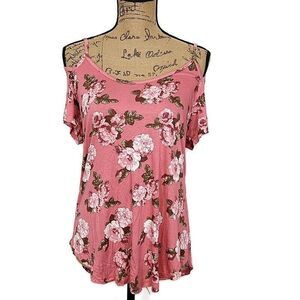 💥5/$25 Rue 21 Womens sz S Top Pink Floral Cold Shoulder Short Sleeve